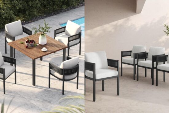 Modern 5-piece outdoor dining set with cushioned metal wicker chairs and a square woodgrain table shown on a patio and indoor-style setting.
