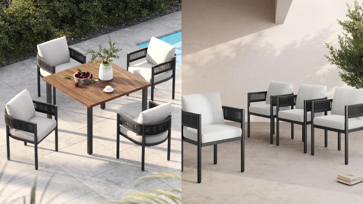 Modern 5-piece outdoor dining set with cushioned metal wicker chairs and a square woodgrain table shown on a patio and indoor-style setting.