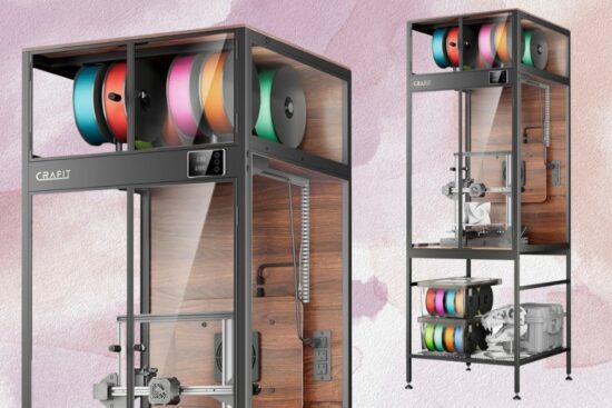 Tall Crafit 3D printer enclosure with filament storage shown holding spools and a printer, featuring a clear front panel and wood-style interior.