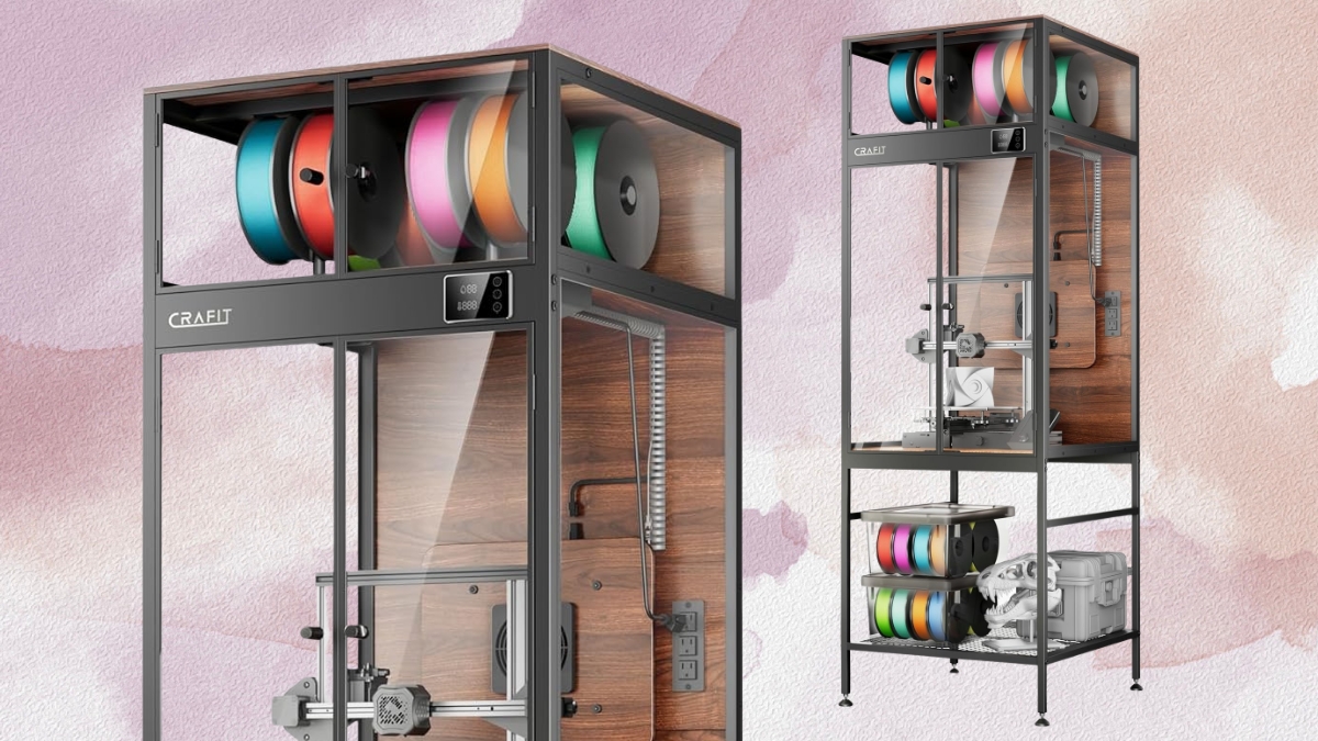 Tall Crafit 3D printer enclosure with filament storage shown holding spools and a printer, featuring a clear front panel and wood-style interior.
