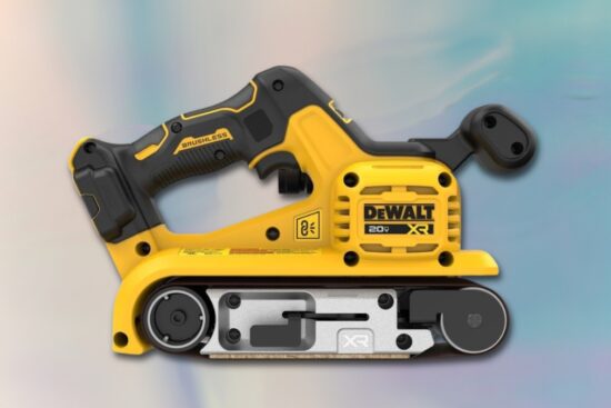 A DEWALT 20V MAX XR cordless belt sander* with a brushless motor, ergonomic handle, and durable sanding belt, designed for woodworking and surface finishing.