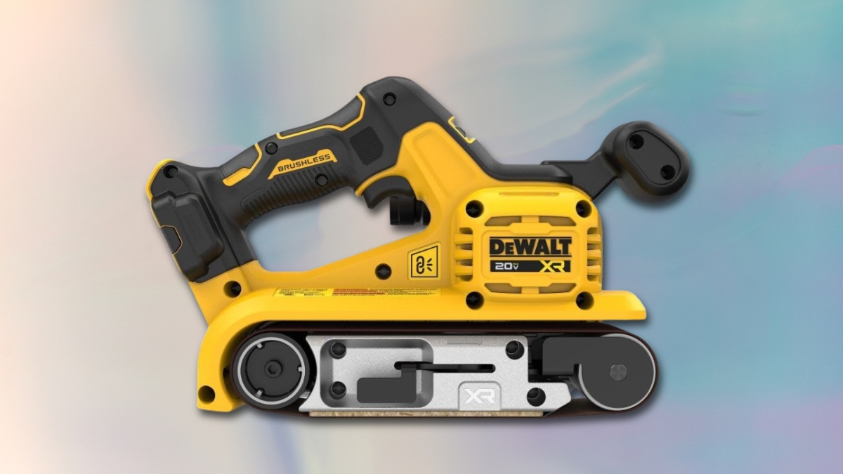 A DEWALT 20V MAX XR cordless belt sander* with a brushless motor, ergonomic handle, and durable sanding belt, designed for woodworking and surface finishing.