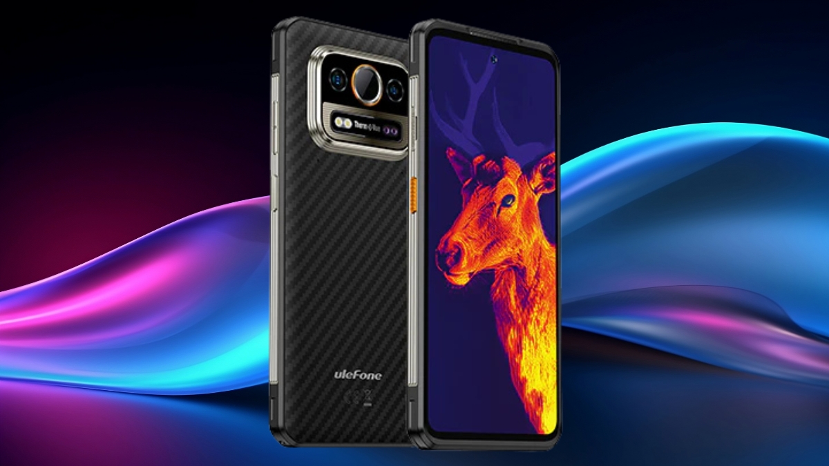 A Ulefone rugged smartphone with a thermal imaging camera, showing a heat-detected deer on its screen.