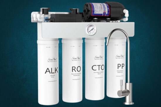 SimPure Alkaline UV Reverse Osmosis System with four labeled filter cartridges and a stainless steel faucet for under sink use.