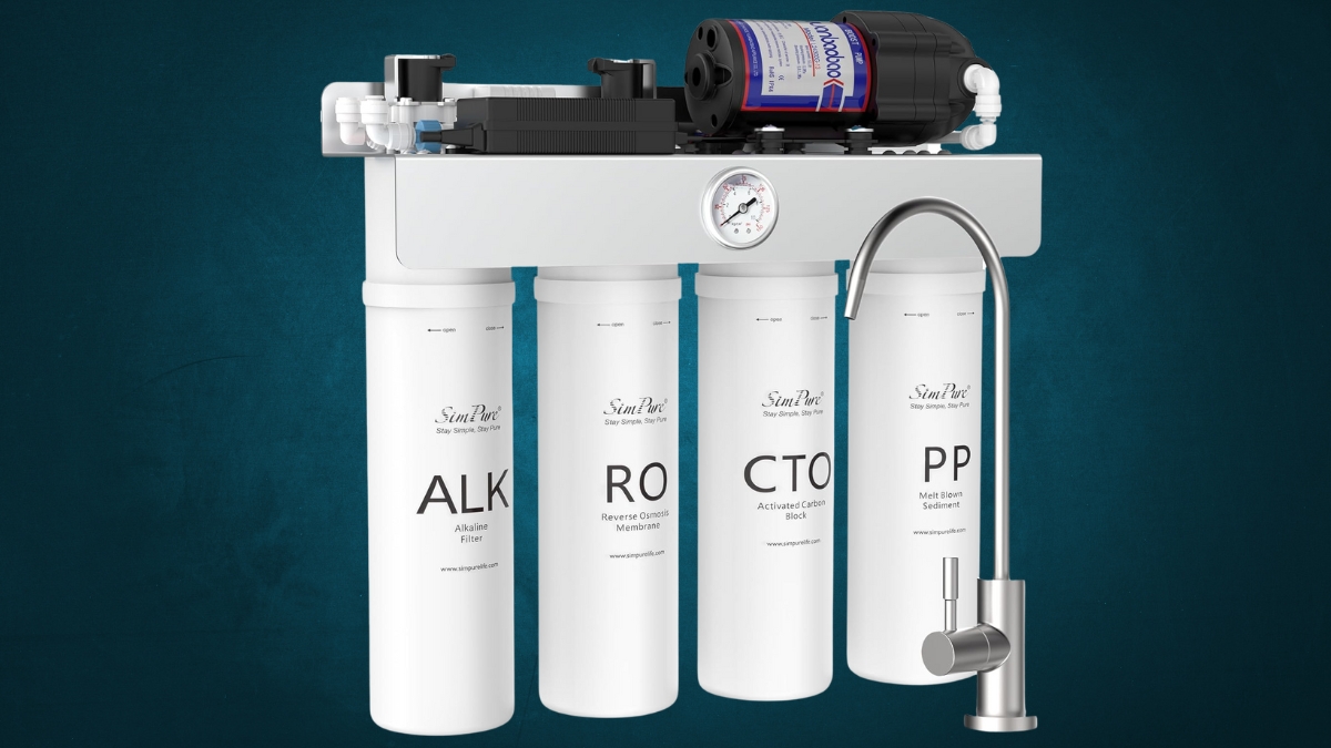 SimPure Alkaline UV Reverse Osmosis System with four labeled filter cartridges and a stainless steel faucet for under sink use.