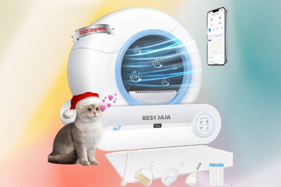 Best JAJA self-cleaning litter box with app control, shown with a cat, cleaning tools, and a 2025 upgrade label.