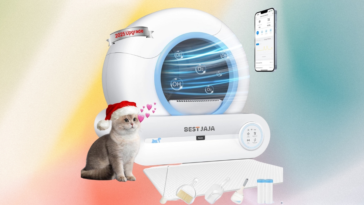 Best JAJA self-cleaning litter box with app control, shown with a cat, cleaning tools, and a 2025 upgrade label.