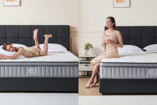 A woman in a beige dress enjoys the comfort of an IEI 10-inch hybrid king mattress, lying down in one image and sitting with a cup in the other, highlighting its soft yet supportive design.