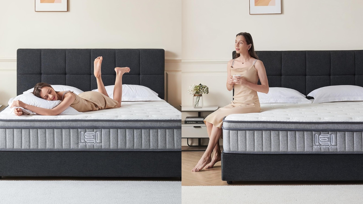 A woman in a beige dress enjoys the comfort of an IEI 10-inch hybrid king mattress, lying down in one image and sitting with a cup in the other, highlighting its soft yet supportive design.