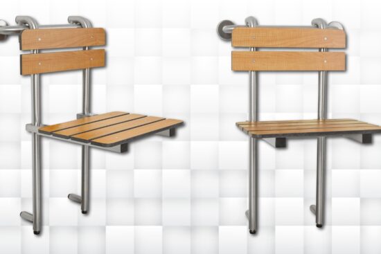 Wall-mounted teak shower bench with a stainless steel frame, featuring a folding shower seat with backrest for comfort and support.