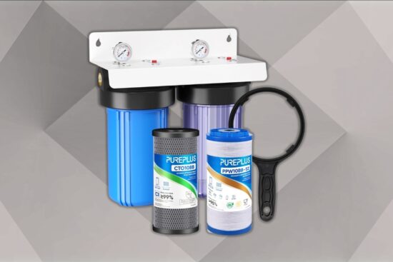 A PUREPLUS 2-stage whole house water filtration system with dual filter housings, pressure gauges, and two replacement filters for clean home water.