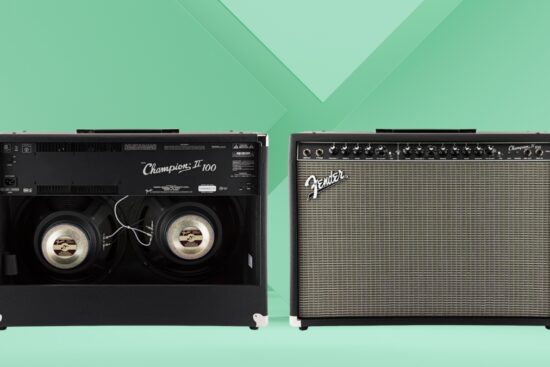 A Fender Champion 100 II guitar amplifier shown from the front and back, highlighting its controls and dual speakers.