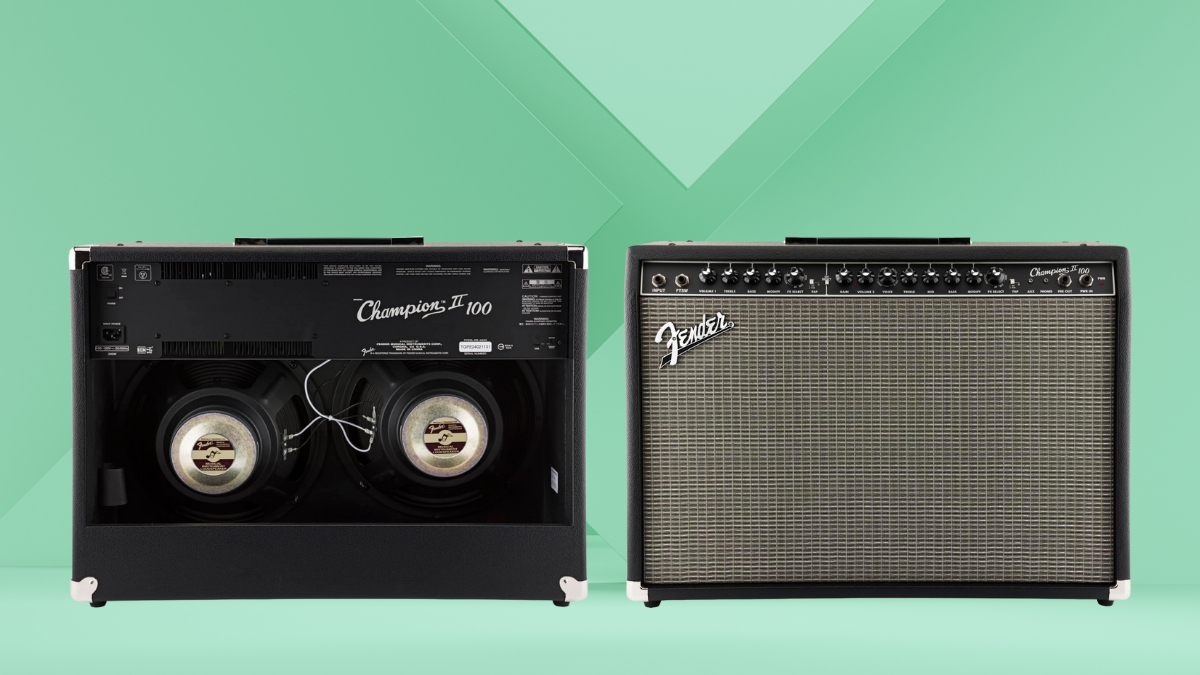 A Fender Champion 100 II guitar amplifier shown from the front and back, highlighting its controls and dual speakers.