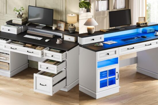 White HAUOMS farmhouse executive desk with drawers shown with open storage, file cabinets, monitor shelf, and built-in LED lighting.