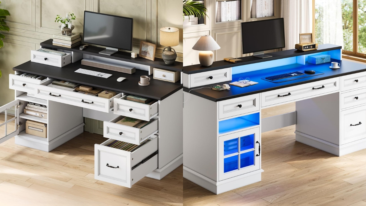 White HAUOMS farmhouse executive desk with drawers shown with open storage, file cabinets, monitor shelf, and built-in LED lighting.
