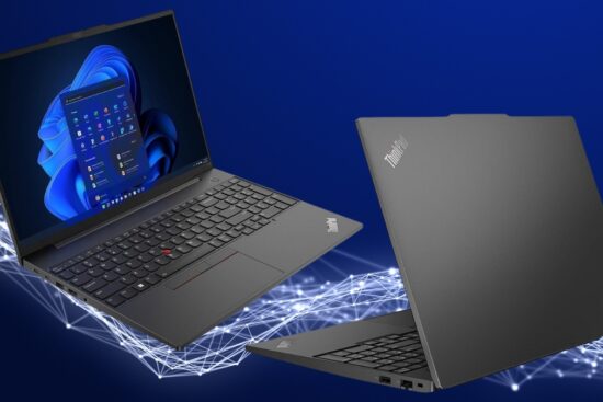 Lenovo ThinkPad laptop shown from two angles, one open with a Windows 11 screen and one closed, against a blue digital background.