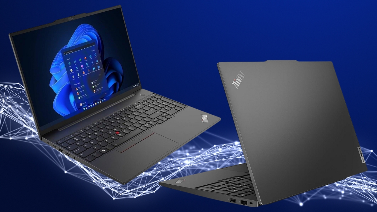 Lenovo ThinkPad laptop shown from two angles, one open with a Windows 11 screen and one closed, against a blue digital background.