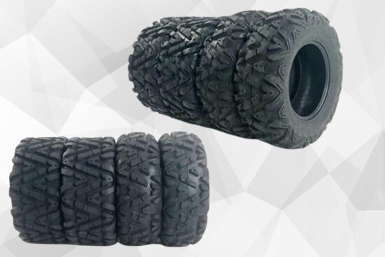 Four TUFFIOM ATV UTV all-terrain tires with deep tread shown stacked on a light background.