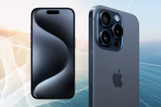 A modern iPhone with a sleek front display and a triple-lens camera on the back, set against a soft gradient background.