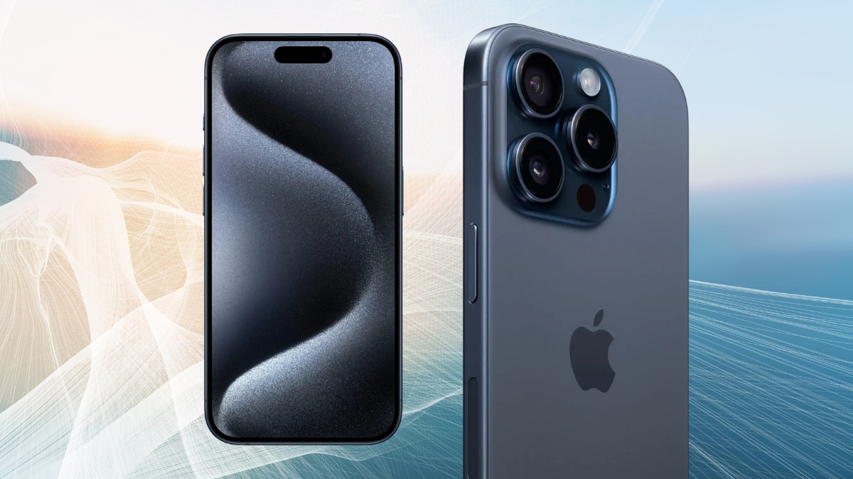A modern iPhone with a sleek front display and a triple-lens camera on the back, set against a soft gradient background.