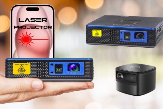 Three portable laser projectors, including the AAXA M8 model, shown on display with a smartphone for size comparison.