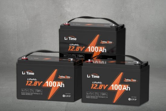 Three Li Time 12.8V 100Ah LiFePO4 batteries designed for trolling motors, placed against a gray background.