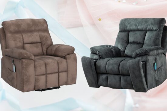 Two plush recliner chairs, one brown and one dark gray, with side pockets and remote controls, are set against a soft pastel background.