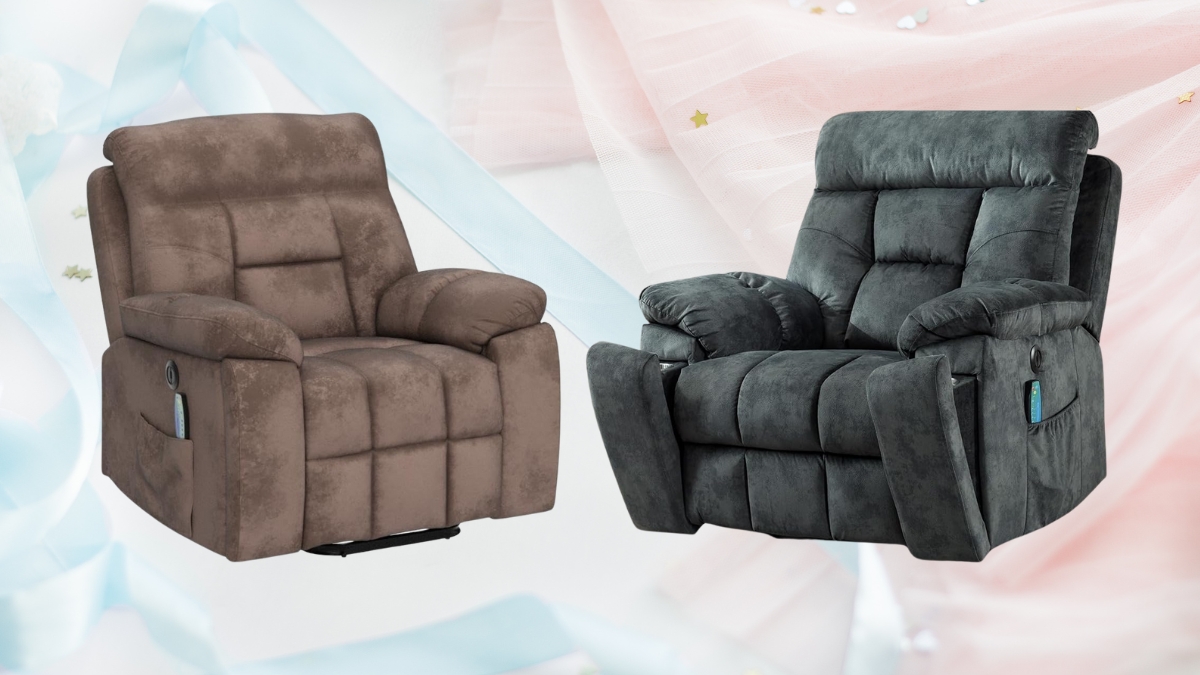 Two plush recliner chairs, one brown and one dark gray, with side pockets and remote controls, are set against a soft pastel background.