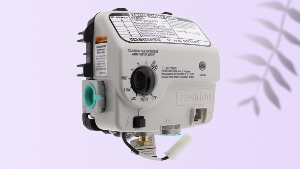 ClimaTek WV8840B1059 water heater gas valve with control knob and status light, shown from a front angle.