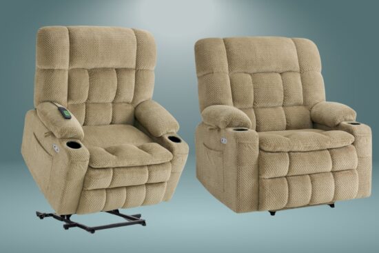 Two beige recliner chairs with padded cushions, cup holders, and a lift-assist function, set against a simple background.