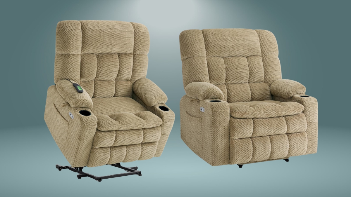 Two beige recliner chairs with padded cushions, cup holders, and a lift-assist function, set against a simple background.