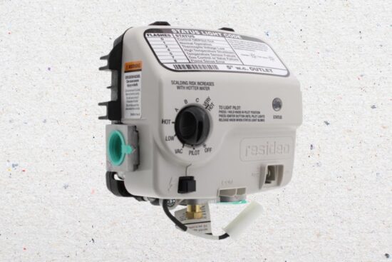 A water heater gas control valve with temperature and pilot controls is shown against a light speckled background.