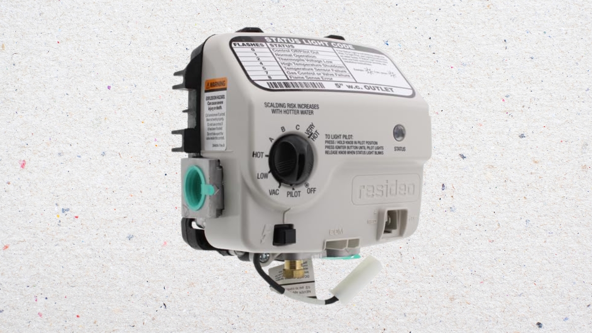A water heater gas control valve with temperature and pilot controls is shown against a light speckled background.
