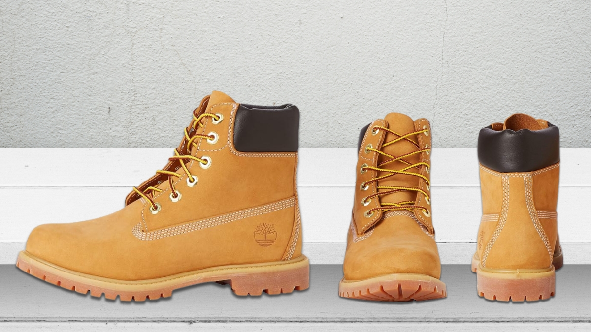 Timberland women’s work boots with yellow laces, black padded collars, and rubber soles shown from the side, front, and back.