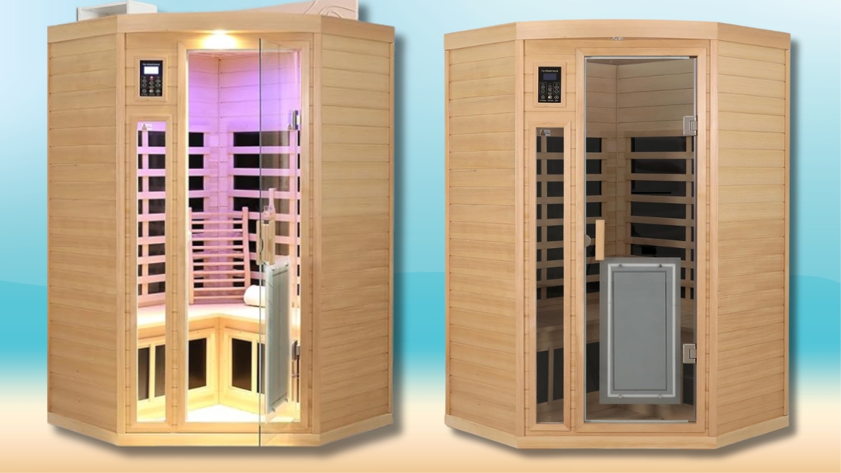 Two wooden infrared saunas with glass doors and digital control panels, designed for home use.