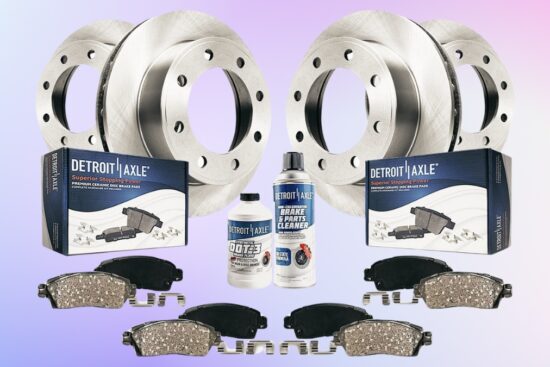 Detroit Axle brake kit for Chevy Silverado 2500 HD with rotors, ceramic pads, brake fluid, and cleaner shown on a light gradient background.