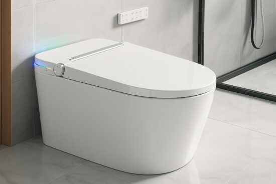 Modern Loniko tankless smart toilet with bidet and LED light, shown in a sleek bathroom with wall-mounted control panel.