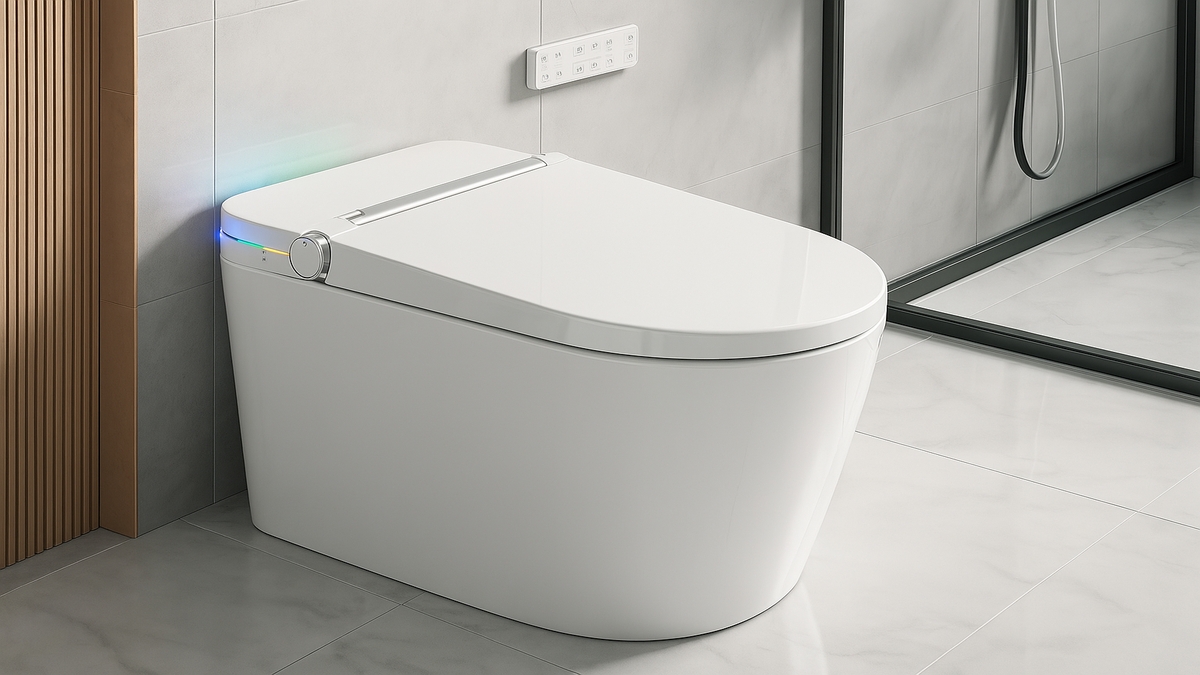 Modern Loniko tankless smart toilet with bidet and LED light, shown in a sleek bathroom with wall-mounted control panel.