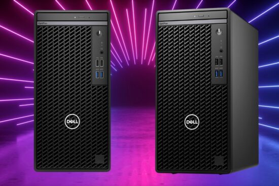 Two Dell OptiPlex 7010 tower desktop computers are shown with front-facing ports, placed against a glowing purple and blue neon background.