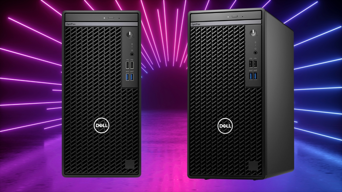Two Dell OptiPlex 7010 tower desktop computers are shown with front-facing ports, placed against a glowing purple and blue neon background.