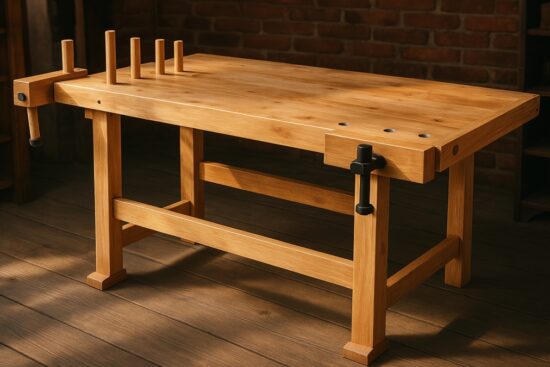 Wooden workbench with rotating handles and pegs, shown in a rustic workshop setting with natural lighting.