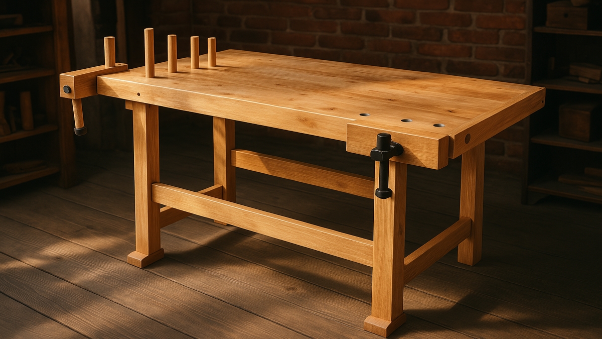 Wooden workbench with rotating handles and pegs, shown in a rustic workshop setting with natural lighting.