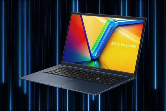 ASUS Vivobook 17.3-inch laptop shown open with a colorful display and full-size keyboard against a dark background with glowing blue lines.