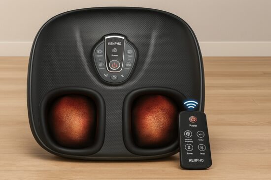 Black RENPHO foot massager machine with heat shown on a wood floor, featuring glowing foot chambers and a wireless remote control.