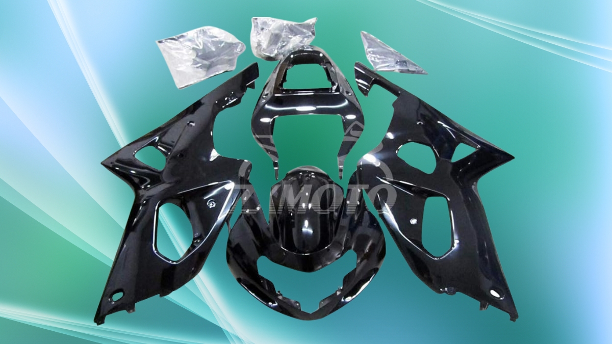 Glossy black ZXMOTO fairing kit parts for Suzuki GSXR 1000 2000–2002 displayed on a light green background.