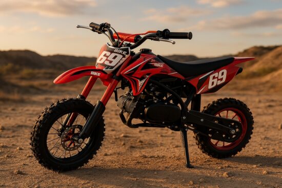 Red AUNVITO 49cc 2-stroke kids dirt bike parked on a dirt trail with rugged tires and number decals.