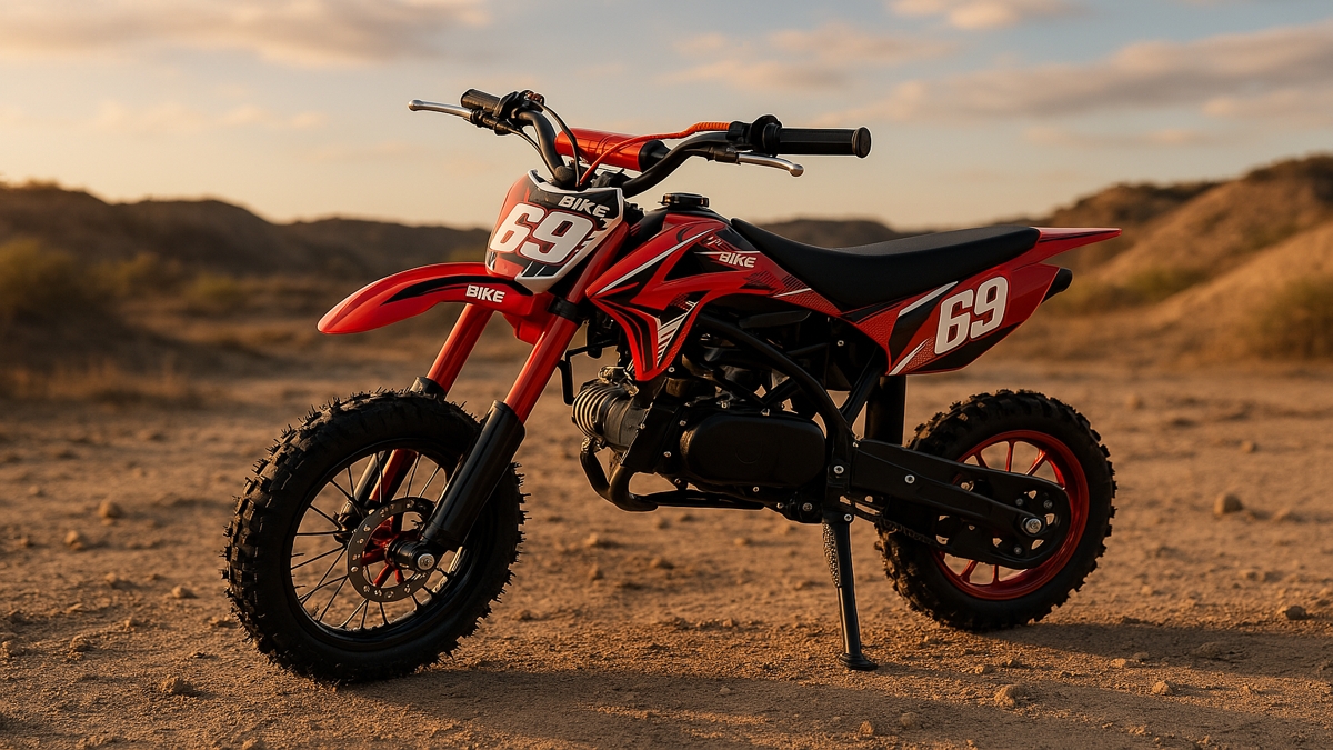 Red AUNVITO 49cc 2-stroke kids dirt bike parked on a dirt trail with rugged tires and number decals.