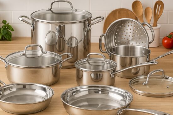 Stainless steel 11-piece cookware set with glass lids and steamer insert displayed on a kitchen counter.