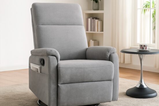 Gray Zuacs 360° swivel rocking recliner chair with a side pocket, shown in a bright living room next to a round black side table.