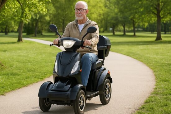 Senior man riding a black 4-wheel mobility scooter on a paved park path surrounded by green trees and grass.
